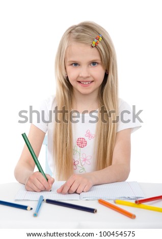 Cute girl draw with colorful pencils. isolated on white background