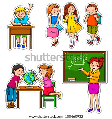 set of children and teacher at school