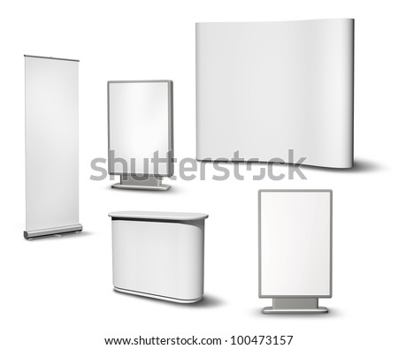 Set of blank roll-up poster, billboard, fair desk and concave wall on white background