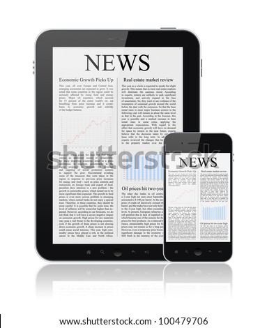 News articles on modern digital tablet and mobile smart phone. Isolated on white.