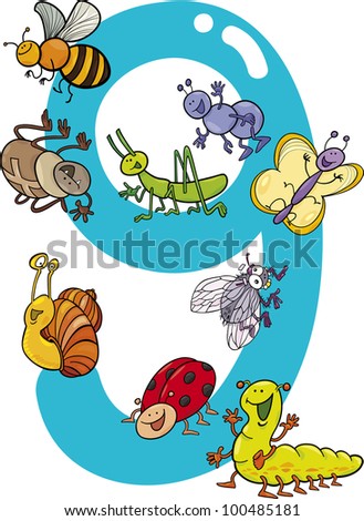 cartoon illustration with number nine and different insects