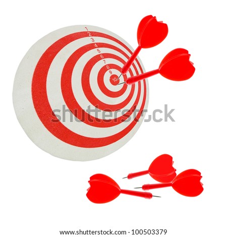 Red darts and dartboard isolated on white background