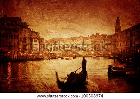 Gloomy textured image of Grand Canal and Rialto Bridge in Venice.