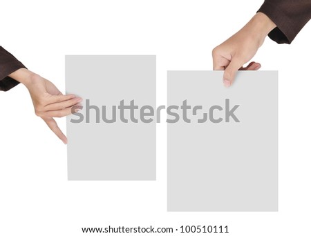 two pictures of businesswoman's hand holding blank paper, isolated on white background