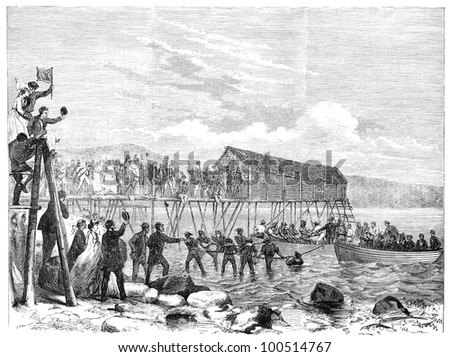 Transatlantic telegraph cable arriving at Heart's Content, Newfoundland, USA. Engraving by unknown artist from Ny Illustrerad Tidning 1866. Royalty-Free Stock Photo #100514767