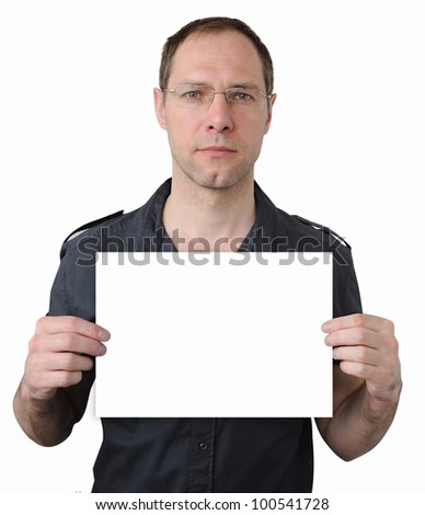 Businessman holding blank poster for your text