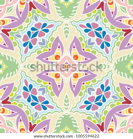 Decorative hand drawn seamless pattern. Colorful abstract art, stylized floral doodle background. Tribal ethnic ornate decoration. Arabic, indian, turkish ornament. Vector geometric repeating texture