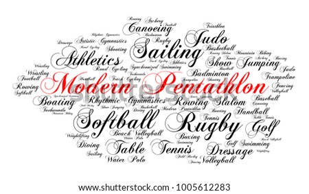 Modern pentathlon. Word cloud , elegant cursive font, white background. Summer sports.