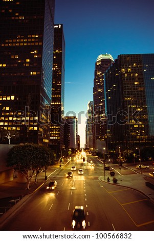 A vertical dusk shot of the Financial District of Los Angeles