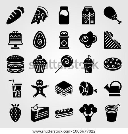Food And Drinks icon set vector. ham, cupcake, broccoli and burger