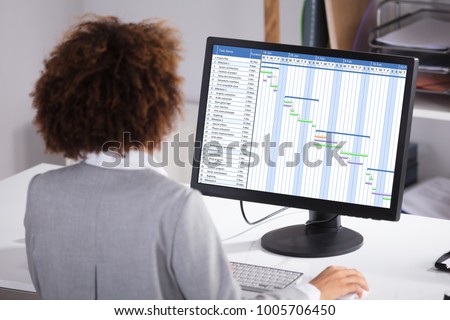 Rear View Of A Businesswoman Working On Gantt Chart On Computer In Office