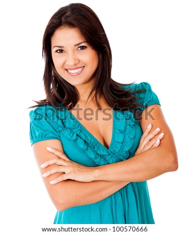 Confident woman with arms crossed - isolated over a white background