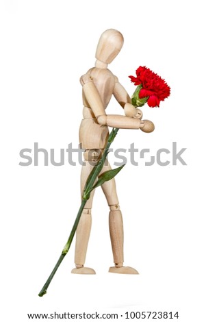 Wooden mannequin trying to represent human movements in moving actions isolated on a white background. Anatomical model hugs a beautiful red flower.