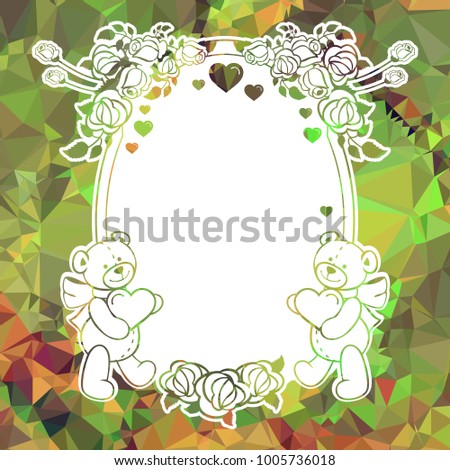 Mosaic background with cute teddy bear holding heart. Copy space.  The layout for greeting cards, Valentine Day cards, labels, tags, banners, flyers, ads. Vector clip art.