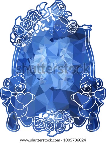 Mosaic background with cute teddy bear holding heart. Copy space.  The layout for greeting cards, Valentine Day cards, labels, tags, banners, flyers, ads. Vector clip art.