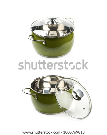 Steel green stock pot with a glass lid, composition isolated over the white background, set of two different foreshortenings
