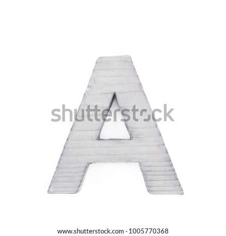 Single sawn wooden letter A symbol coated with paint isolated over the white background