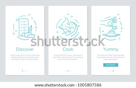 Food and Recipes concept onboarding app screens. Modern and simplified vector illustration walkthrough screens template for mobile apps. Royalty-Free Stock Photo #1005807586