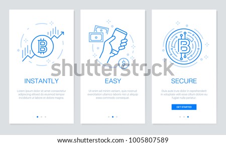 Cryptocurrency and Blockchain concept onboarding app screens. Modern and simplified vector illustration walkthrough screens template for mobile apps. Royalty-Free Stock Photo #1005807589
