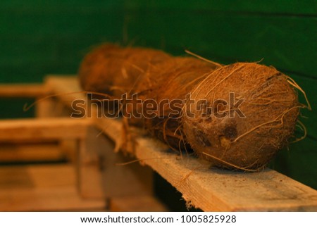Whole coconut and copy space. Tropical photo. Coconut background for store. Fresh image for market.