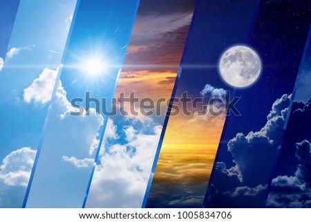 Opposites in nature: day and night, light and darkness, sun and moon. Weather forecast collage. Elements of this image furnished by NASA