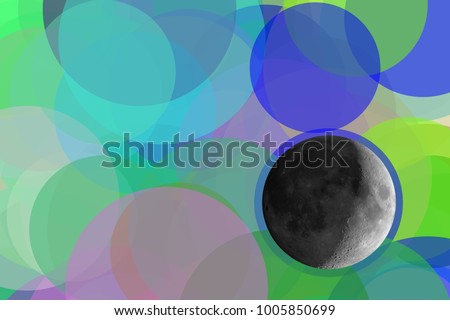 Full moon seen with an astronomical telescope over abstract blue and green circles background illustration with copy space