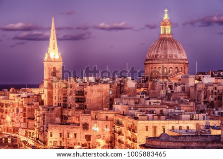 Valletta, Malta: aerial view from city walls at night. The cathedral