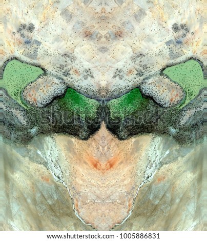 the warrior's mask, Tribute to Dalí, abstract symmetrical vertical photograph of the deserts of Africa from the air, aerial view, abstract expressionism, mirror effect, symmetry, kaleidoscopic