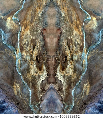 liquid gold, Tribute to Dalí, abstract symmetrical vertical photograph of the deserts of Africa from the air, aerial view, abstract expressionism, mirror effect, symmetry, kaleidoscopic