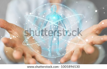 Businesswoman on blurred background using digital x-ray human body scan interface 3D rendering