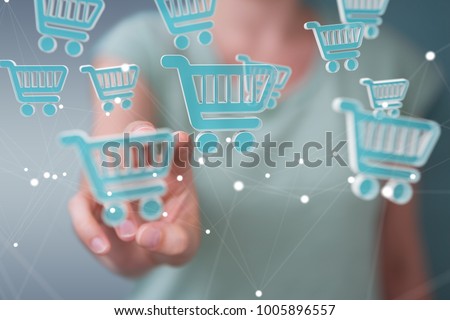 Businesswoman on blurred background using digital shopping icons 3D rendering