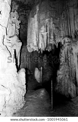 Black and white View of a bat cave, with Stalagmite and stalactites,  Ankarana, Madagascar