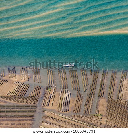 aerial view of oyster farms near Arcachon in the south west of France
