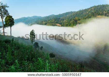 Mountain and fog at morning time with sun ray, beautiful landscape