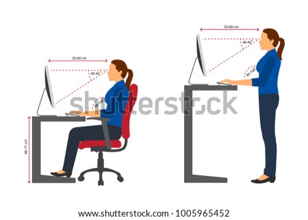 Ergonomics women correct sitting and standing posture when using a computer Royalty-Free Stock Photo #1005965452