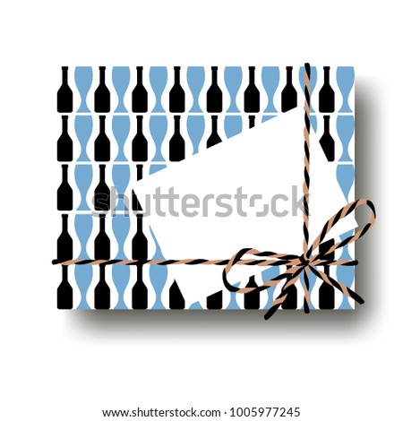 Black and blue glasses and bottles gift present box with tied string bow and blank note with copy space. Wrapping diy idea. Vector illustration. Top view