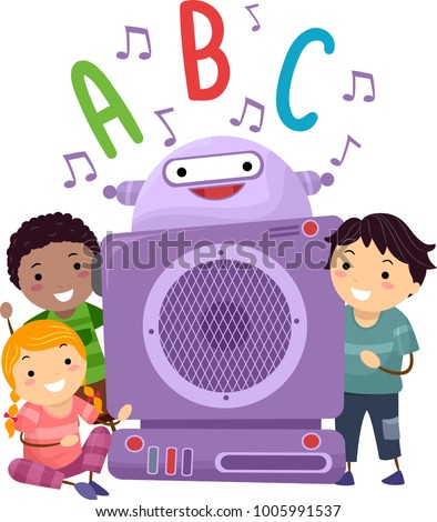 Illustration of Stickman Kids with a Robot Player Listening to Phonics