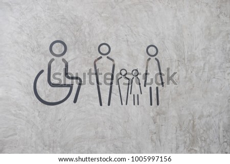 label, Handicap, toilet sign,  on Gray wall Disabled sign.