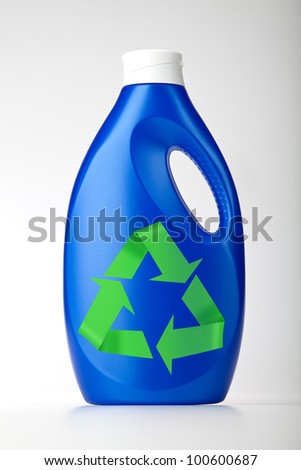 Blue plastic bottle with symbol recycle