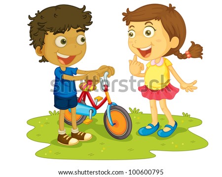 Illustration of children outdoors with bike - EPS VECTOR format also available in my portfolio. Royalty-Free Stock Photo #100600795