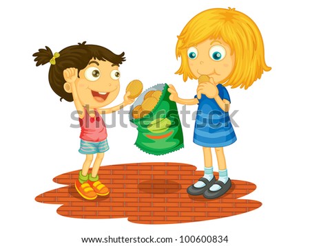 Illustration of children sharing chips - EPS VECTOR format also available in my portfolio. Royalty-Free Stock Photo #100600834