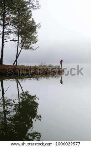photographer stand on the cape land near pine forest in the lake on the cloud background