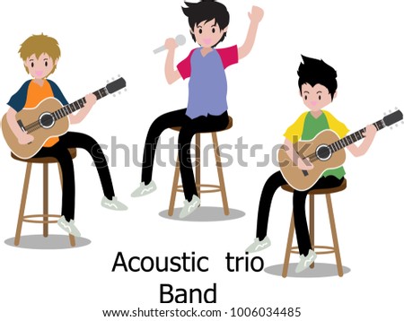 Musicians Acoustic Trio band ,three boy Play guitar,cajon. Jazz band.Vector illustration isolated on background in cartoon style