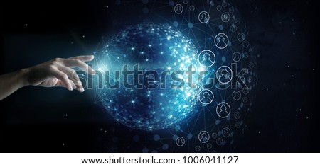 Businessman touching global network and data customer connection on space background Royalty-Free Stock Photo #1006041127