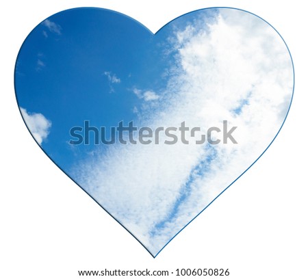 heart symbol carved from photos and isolated on white background. blue sky and clouds