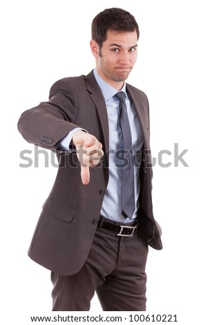 Young caucasian business man making thumbs down, isolated on white background