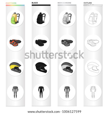 Bicycle outfit cartoon black monochrome outline icons in set collection for design. Bicycle and tool vector symbol stock web illustration.