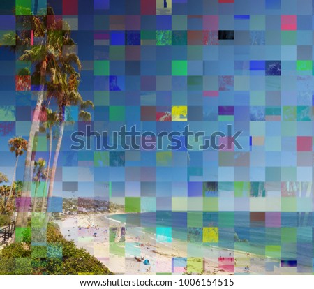 Glitch effect due to photo processing on an image with palms and ocean