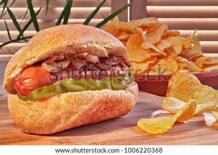 Grilled Hot dog or wiener with fried onions and marinated cucumbers. Potato chips. Ultimate classic fast food.