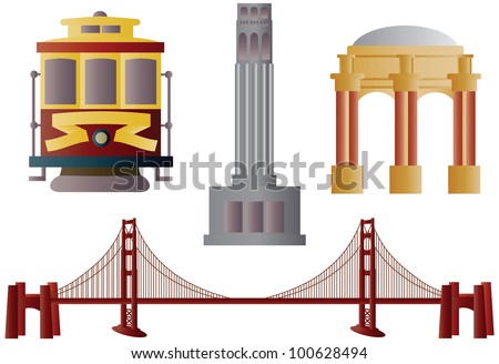 San Francisco Golden Gate Bridge Trolley Coit Tower and Palace of Fine Arts Illustration